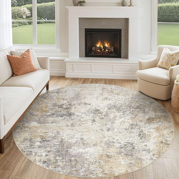UERMEI 6ft Round Area Rug Living Room Rugs - 6x6 Washable Neutral Modern Abstract Soft Thin Rug Indoor Floor No Slip Rug Carpet for Bedroom Under Dining Table Home Office Decor - Golden Grey