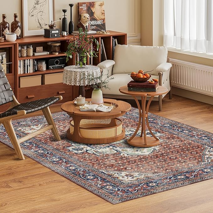 Washable Area Rug 3' x 5 ' Vintage Traditional Persian Mat - Foldable Distressed Non-Slip Machine Washable Carpet for Living Room Bedroom Kitchen Home Decor - Terracotta and Navy