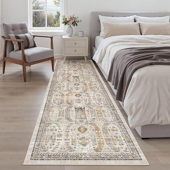 Madane Runner Rug 2'6''x8' Kitchen Runner, Hallway Runner Printed Vintage Washable Rugs Soft Non-Slip Low Pile 2.5x8 ft Runners for Hallways Laundry Room Rug Distressed Rug, Brown/Gold