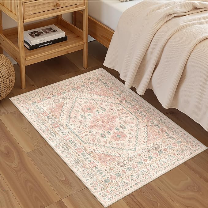 Entryway Rug - 2x3 Washable Rug Runner for Bathroom, Laundry Room, Kitchen, Soft Vintage Hallway Runner for Bedroom, Non-Slip Door Mat Indoor Entrance(Pink,2'x3')