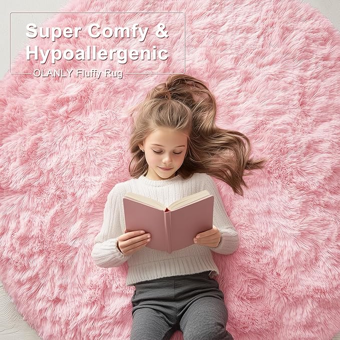OLANLY Pink Round Rugs for Bedroom - Machine Washable, 5 ft Circle Area Rugs for Living Room, Soft and Fluffy Shaggy Carpet for Teen Girls and Boys, Nursery Rooms, Dorms, Home Decor Aesthetic
