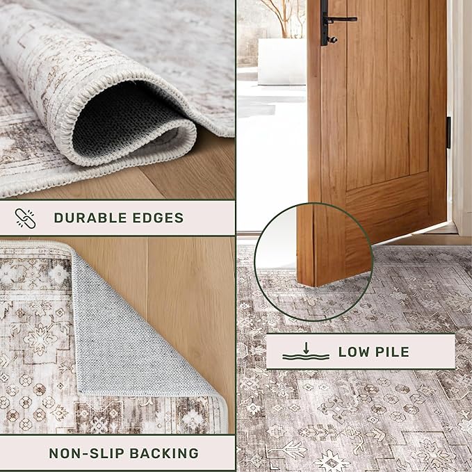 Washable Farmhouse Living Room Rug, 9x12 Area Rugs for Bedroom, Dining Room Under Table Carpet, Kids Room, Large Boho Vintage Non-Slip Floral Rugs Low Pile Stain Resistant (9x12 Beige/Latte)