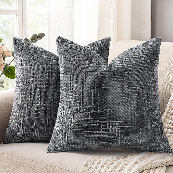 decorUhome Dark Grey Chenille Euro Sham Throw Pillow Covers 22x22 Set of 2 Textured Soft Cozy Slubby Couch Pillow Covers Modern Farmhouse Boho Decorative Pillow Cases for Bed Sofa Living Room