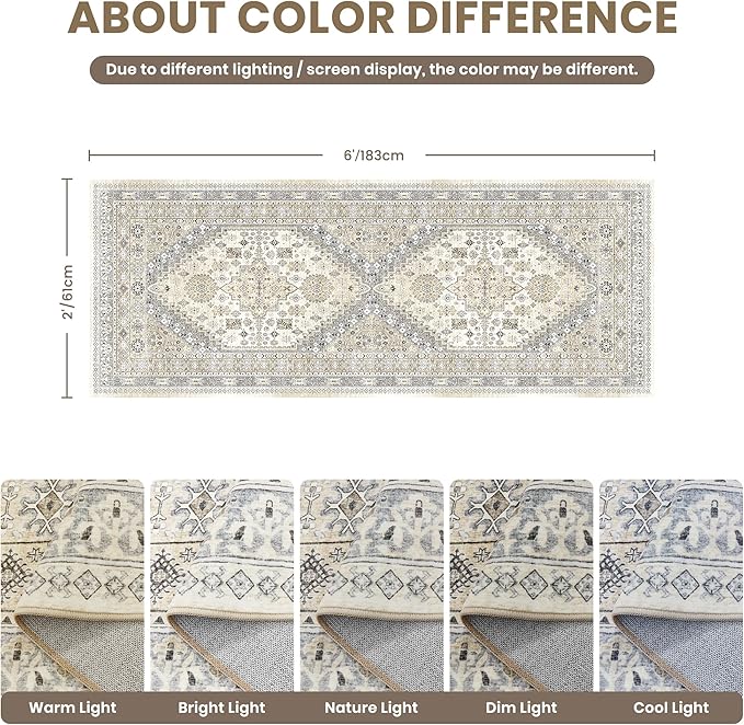 zesthome 2x6 Runner Rug for Hallways, Machine Washable Rug, Non Slip Vintage Low Pile Runners, Stain Resistant Runners for Entryway, Kitchen, Bathroom, Laundry Room, Corridor