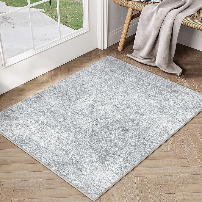 2x3 Entryway Area Rug Vintage Washable Small Carpet Indoor Non Slip Grey Kitchen Entrance Mat Low Pile Retro Accent Distressed Throw Rug for Bathroom Bedroom Dining Living Room