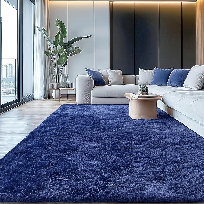 OLANLY 5x5 Area Rugs for Living Room Bedroom, Machine Washable Soft Fluffy Shaggy Bedside Rug, Indoor Floor Carpet for Kids Girls and Boys, Dorms, Nursery Rooms, Home Decor Aesthetic, Navy Blue