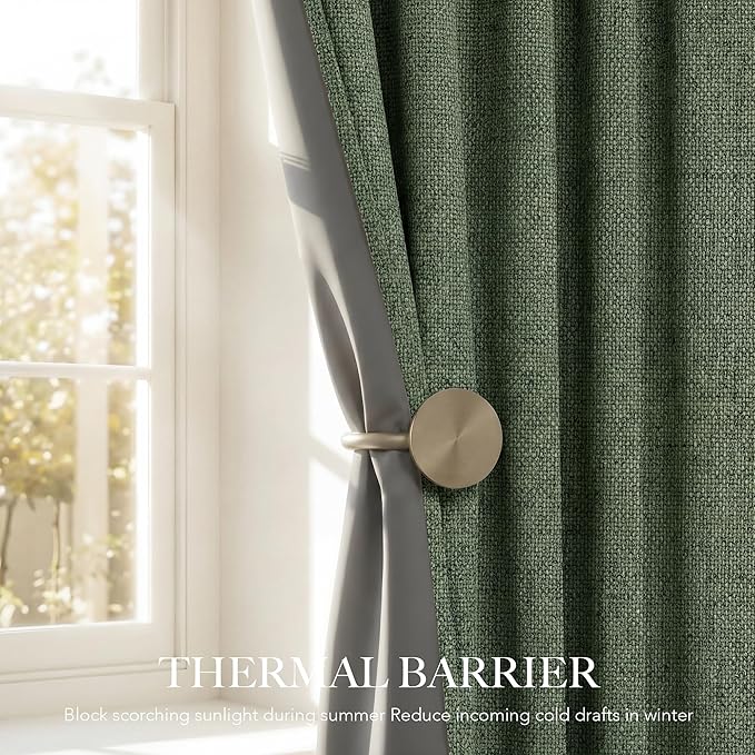 RYB HOME Olive Green 100% Blackout Linen Curtains 102 inches Long, Luxury Thermal Insulated Room Darkening Drapes for Living Room/Bedroom/Sliding Doors, Back Tab&Rod Pocket, W52xL102, 2 Panels