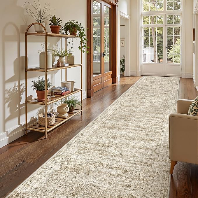 3x16 Washable Runner Rug for Hallway, Non-Slip Long Hallway Runner for Entryway, Soft Vintage Kitchen Mats for Floor, Abstract Dining Room, Bedroom, Living Room Rugs(3'x16', Brown/Ivory)