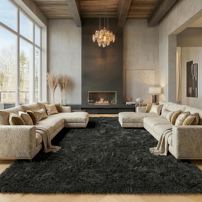 ONASAR Black Area Rugs 9x12 Living Room, Large Fluffy Shag Bedroom Rug, Soft Plush Thick Shaggy Big Floor Carpet for Kids Boy and Girls Teen Dorm Nursery Indoor Home Decor Aesthetic