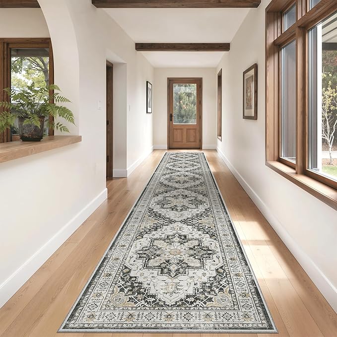 Madane Hallway Runner Rug 2'6''x14' Kitchen Runner, Non Slip Vintage Runners for Hallways Washable Kitchen Rugs Soft Low Pile 2.5x14 ft Rug Runner for Laundry Room, Entryway and Bedroom, Black