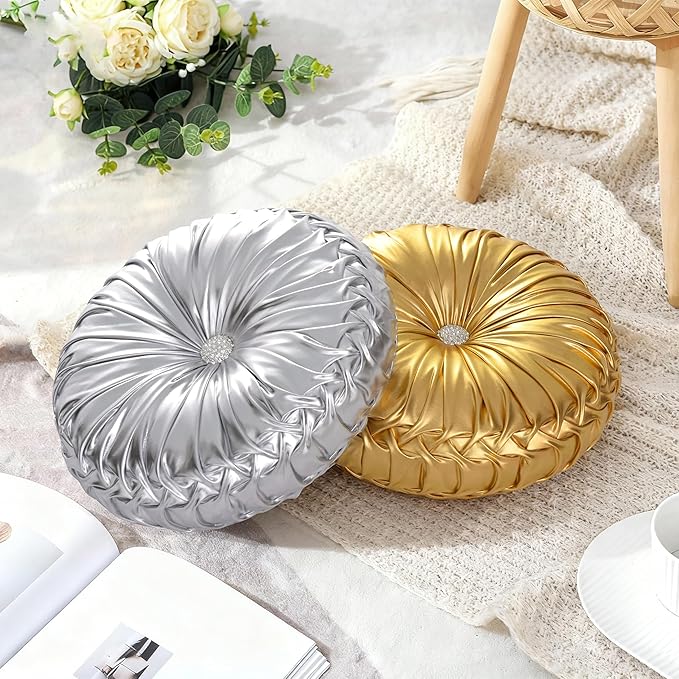 HIG Set of 2 Handcrafted Gold Ruched Round Throw Pillows – 14.5’’ Metallic Leather Decorative Pillows with Soft Polyester Filling for Couch, Bed, Living Room, Bedroom, or Dorm
