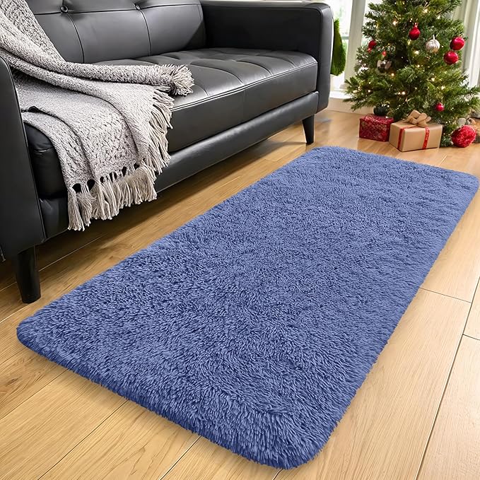 OLANLY 2x4 Machine Washable Runner Rugs for Hallway, Soft Fluffy Shaggy Bedside Rugs for Bedroom, Living Room, Indoor Floor Carpet for Kids Girls and Boys, Home Decor Aesthetic, Denim Blue