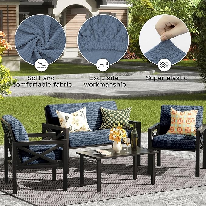 8Pcs Outdoor Cushion Covers,Patio Cushion Covers,Stretch Elastic Slipcovers,Replacement Washable & Reusable Furniture Protector for Patio Couch,Jacquard Textured Twill Fabric(Grey Blue)