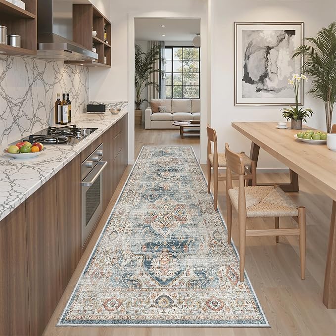 Madane Runner Rug 2'6''x8' Kitchen Runner, Hallway Runner Printed Vintage Washable Rugs Soft Non-Slip Low Pile Runners for Hallways Laundry Room Distressed Floor Carpet, Navy