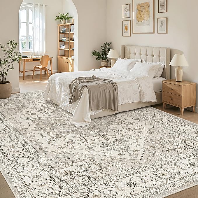 Madane Washable Rug 8x10 Area Rugs for Living Room, Ultra-Thin Non-Slip Backing Rug, Stain Resistant Vintage Large Area Rug for Bedroom (Beige/Brown, 8'x10')