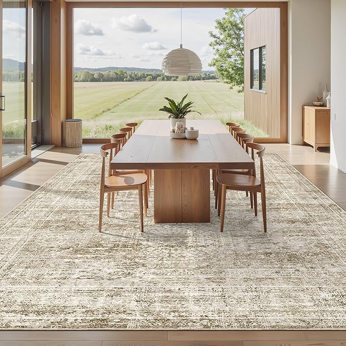 Washable Area Rug 8x10, Large Soft Rugs for Living Room Vintage Area Rugs for Bedroom Dining Room Non-Slip Stain Resistant Brown Under Table Rug