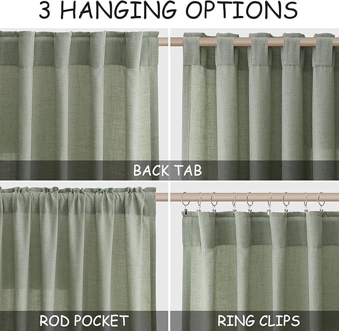 Nanspring Desert Sage Linen Curtains 72 Inch Length for Living Room Semi Sheer Light Filtering Door Drapes 2 Panels Set for Kids Bedroom Back Tab Rod Pocket Modern Farmhouse Decor 52x72