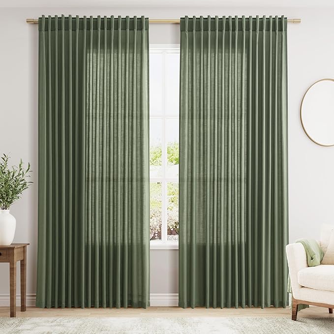 Extra Wide 100 Inch Linen Curtains for Living Room Divider Light Filtering Semi Sheer Back Tab Patio Curtains for Sliding Door Olive Green Coastal Decor Sunroom Floor to Ceiling Window Curtain 100x84