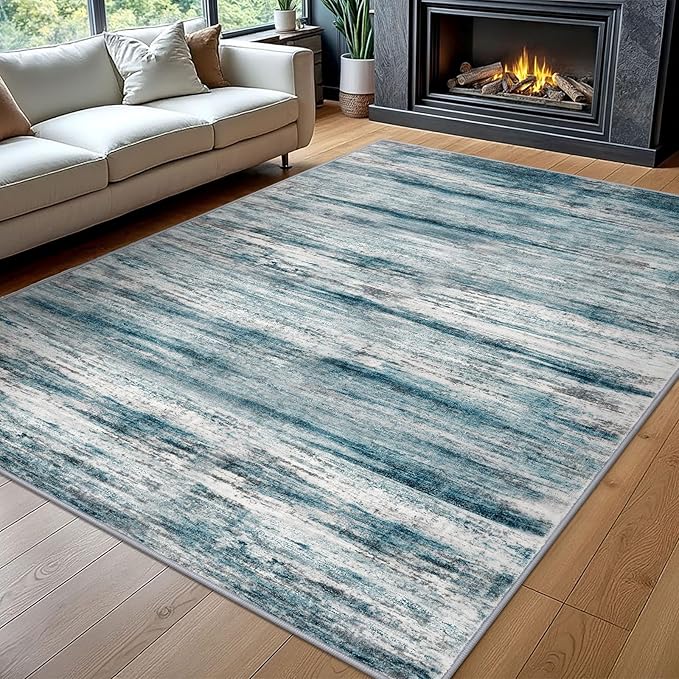 KOZYFLY Area Rug 8x10 Modern Living Room Rug, Washable Large Thin Rugs Non-Slip Soft Striped Rug for Bedroom, Print Blue Abstract Carpet for Laundry/Kid Room