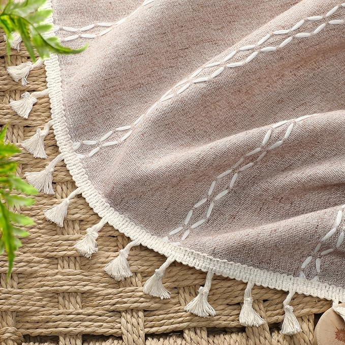 Taupe Boho Blackout Curtains 2 Panels 84 Inch for Living Room Bedroom, Blush Beige Warm Linen Texture Farmhouse Curtains with Tassels and White Cotton Embroidery Vintage Rustic Country Western