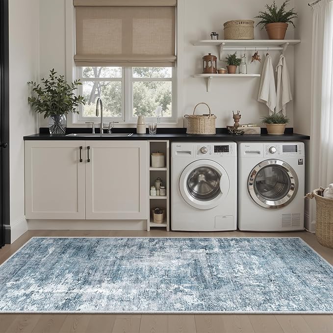 Runner Rug 2'x6' Abstract Washable Non-Slip Runner Rugs for Kitchen Bathroom Laundry Room Blue Vintage Floor Carpet Runners for Hallway Entryway