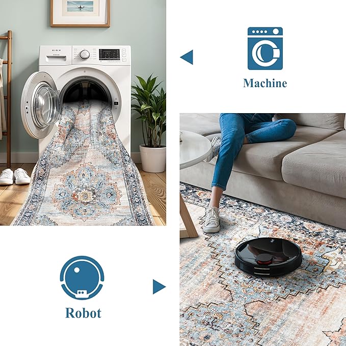 TOPRUUG 2x5 Hallway Runner Rug: Washable Non-Slip Rugs for Kitchen Vintage Water Resistant Entryway Rug Ultra-Thin Soft Living Room Bedroom Carpet Low Pile Durable Floor Mat for Bathroom (Blue, 2X5)