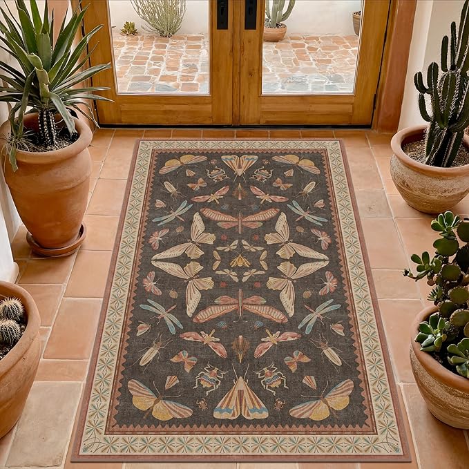 Boho Brown 3x5 Entryway Rugs Indoor - Farmhouse Kitchen Throw Area Rug, Insect Carpet for Bedroom, Mudroom, Laundry Room, Unique Home Décor, Low Pile & Soft Mat