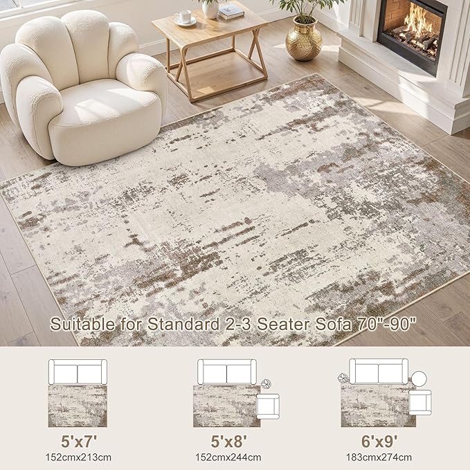 UERMEI 6x9 Area Rug Living Room Rugs - Washable Neutral Modern Abstract Soft Thin Rug Indoor Floor No Slip Rug Carpet for Bedroom Under Dining Table Home Office Decor - Brown/Grey/Beige