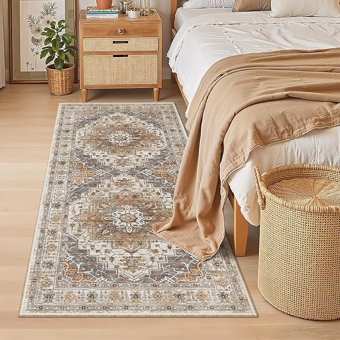 Madane Hallway Runner Rug 3x6 - Washable Kitchen Rugs Entryway Rug Runner Vintage Soft Floor Mat Non Slip Indoor Farmhouse Carpet for Bathroom Living Room Bedroom (3 X 6, Turmeric/Grey)