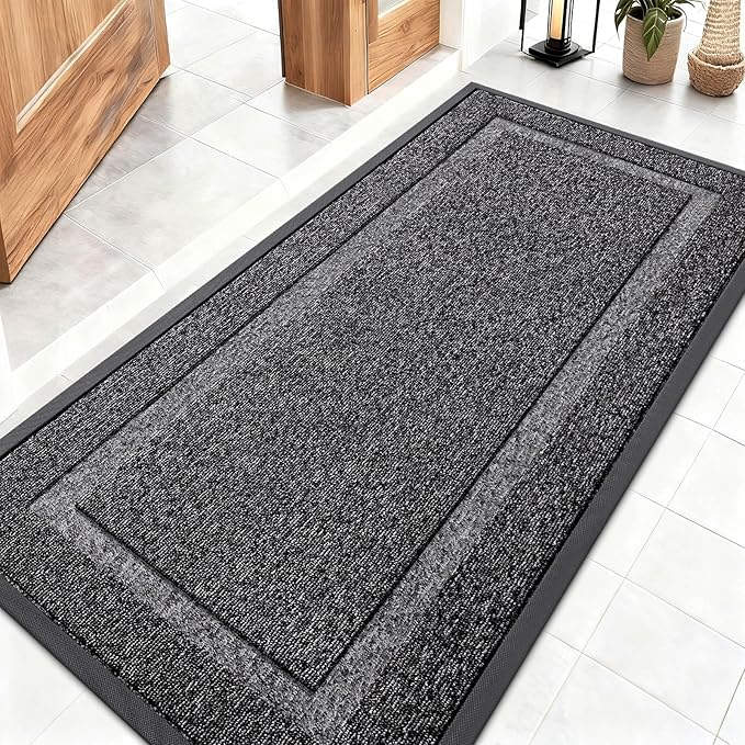 OLANLY Front Door Mat Indoor Outdoor Entrance, Waterproof All-Season, All-Weather Doormat, Sturdy Natural Rubber, Low Profile, Easy Clean Patio Porch Entryway Mat, 47x23, Black and White