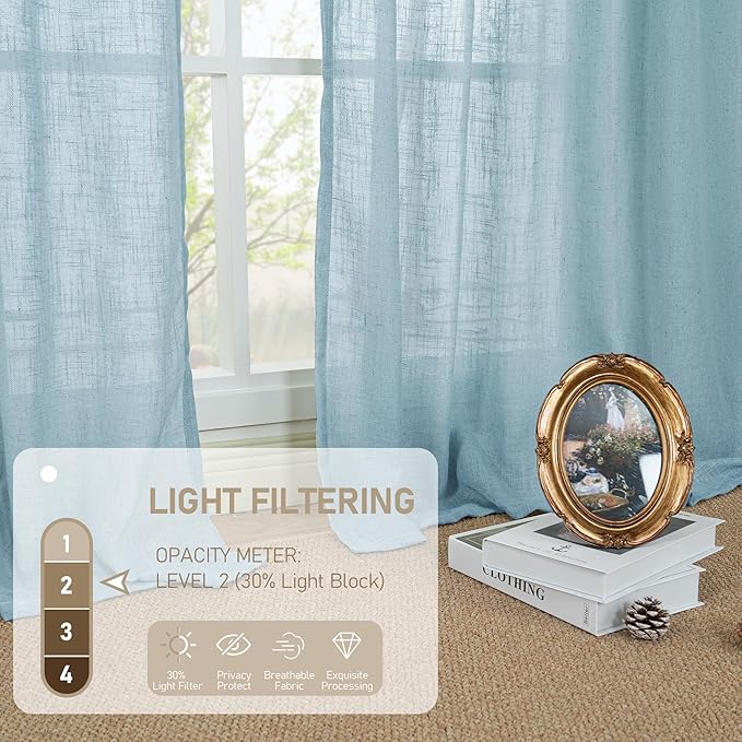 LAMIT Stone Blue Linen Curtains 90 Inch for Living Room, Back Tab and Rod Pocket Linen Textured Farmhouse Panels Light Filtering Drapes for Bedroom/Dining Room, Set of 2, 52 x 90 Inch