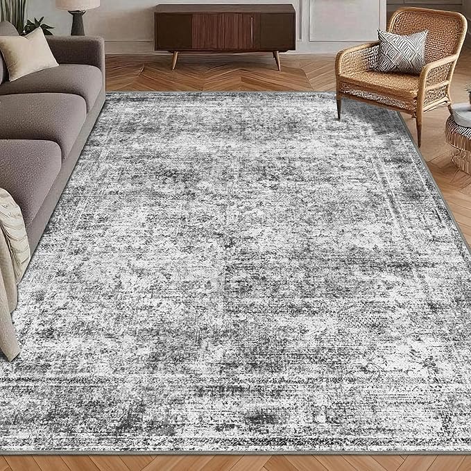 Washable Area Rug 3' x 5 ' Vintage Traditional Persian Mat - Foldable Distressed Non-Slip Machine Washable Carpet for Living Room Bedroom Kitchen Home Decor - Graphite and Mist