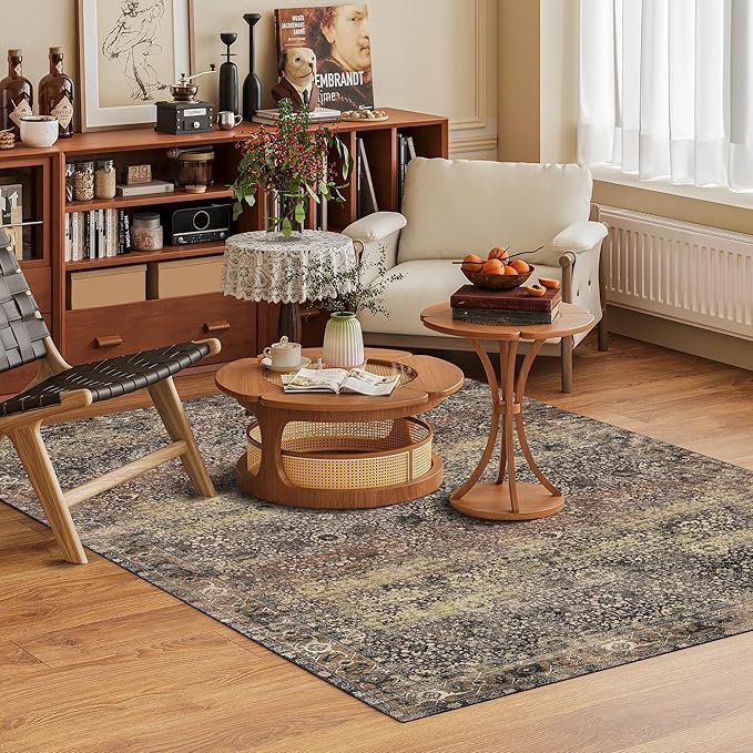 Washable Area Rug 5' x 7' Vintage Traditional Persian Mat - Foldable Distressed Non-Slip Machine Washable Carpet for Living Room Bedroom Kitchen Home Decor - Umber and Slate