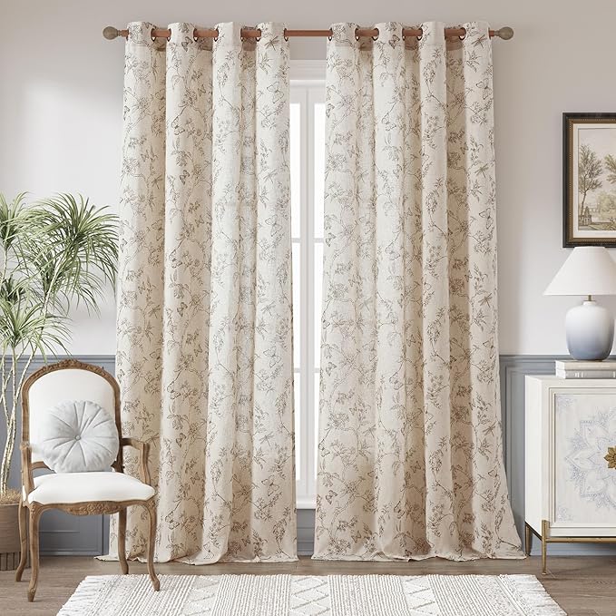 jinchan Floral Linen Curtains for Living Room 96 Inch Length Butterfly Curtain Taupe Floral Curtains French Country Farmhouse Curtain Flower Patterned Drapes Window Treatment Set 2 Panels