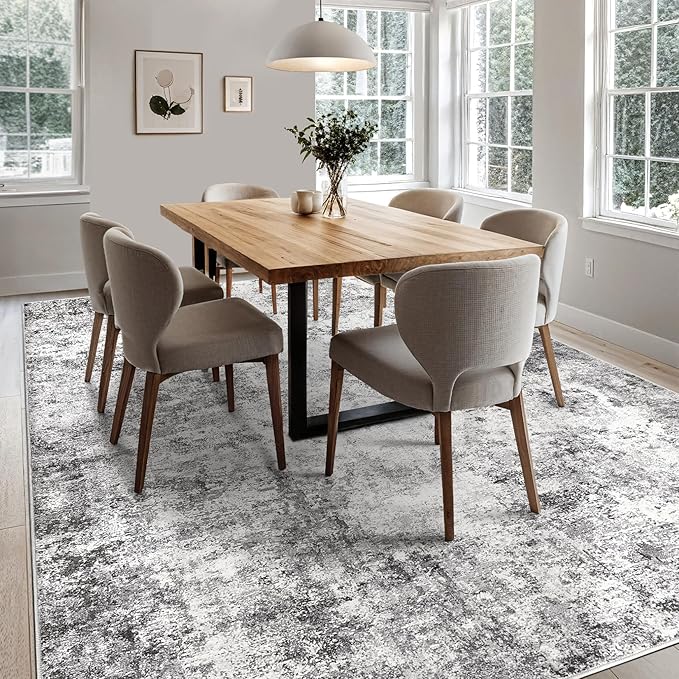 UERMEI 7x9 Area Rug Living Room Rugs - Washable Neutral Modern Abstract Soft Thin Large Rug Indoor Floor No Slip Rug Carpet for Bedroom Under Dining Table Home Office Decor - Grey