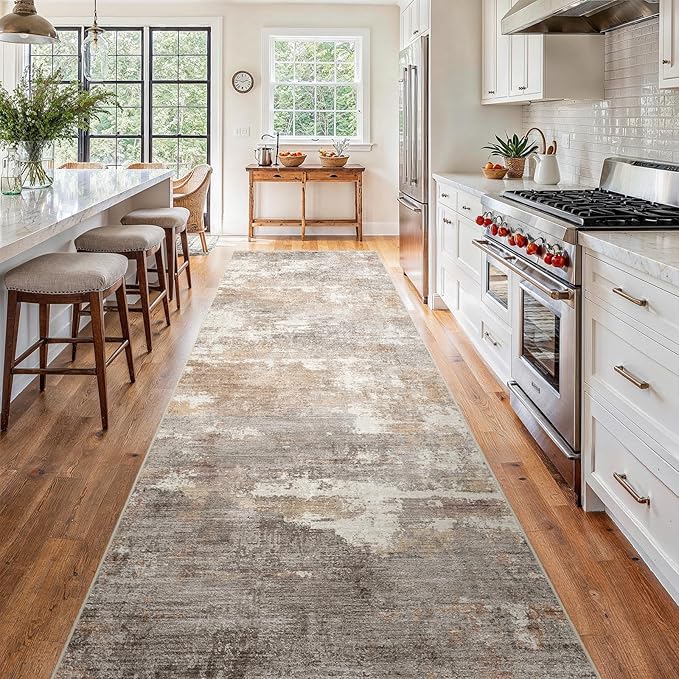 4x12 Washable Kitchen Runner Rug: Modern Abstract Wide Runners for Hallway Soft Non Slip Rugs with Rubber Backing Low Pile Thin Carpet for Entryway Bedroom Bathroom Laundry Indoor(Brown/Brick,4x12)