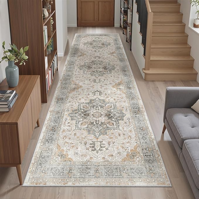 Madane Runner Rug 2'6''x8' Kitchen Runner, Hallway Runner Printed Vintage Rug 2.5x8ft Washable Rugs Soft Non-Slip Low Pile Runners for Hallways Laundry Room Rug, Light Taupe Brown