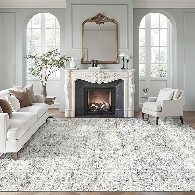Washable Area Rug 8x10, Large Soft Rugs for Living Room Vintage 8x10 Area Rugs for Bedroom Dining Room Non-Slip Stain Resistant Under Table Blue Ivory Rug