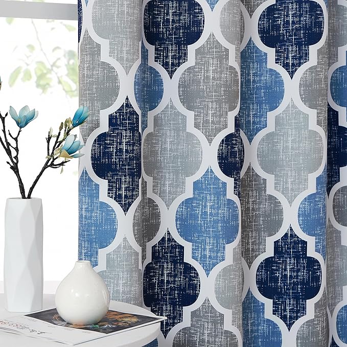 Beauoop 100% Blackout Curtains 96 Inches Long 2 Panels for Bedroom Living Room Blue Grey Moroccan Geo Room Darkening Thermal Insulated Soundproof Grommet Top Window Treatments Drapes, 50x96 Set of 2