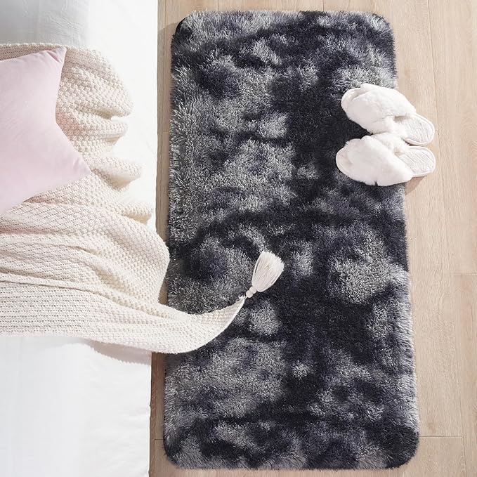 Chicrug Soft Runner Rugs for Bedroom Living Room Plush Fluffy Rug 2x4 Feet, Shag Furry Area Rug Carpet Non Shedding for Nursery Children Kids Girls Room Home Decorative, Grey and Black