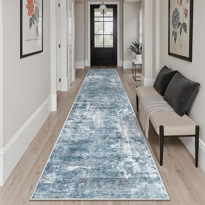Runner Rug 2x12 Washable Non-Slip Hallway Runner Rugs for Kitchen Bathroom Laundry Room Blue/Grey Vintage Floor Carpet Runners for Hallways Entryway