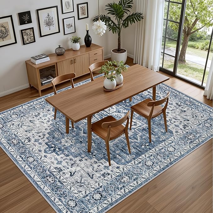 3x5 Area Rugs Living Room Rug: Washable Vintage Boho Medallion Rug No Slip Stain Resistant Soft Carpet Indoor Floor Large Carpets for Bedroom Dining Room Farmhouse Nursery Hallway Home Office Blue