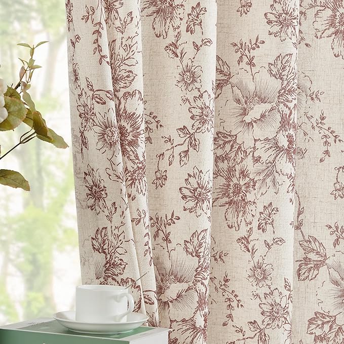 jinchan Linen Blend Curtain Floral Curtains for Living Room 63 Inch Length Farmhouse Brick Red Printed Curtain Rod Pocket Back Tab Peony Flower Patterned Drapes Curtains Set 2 Panels