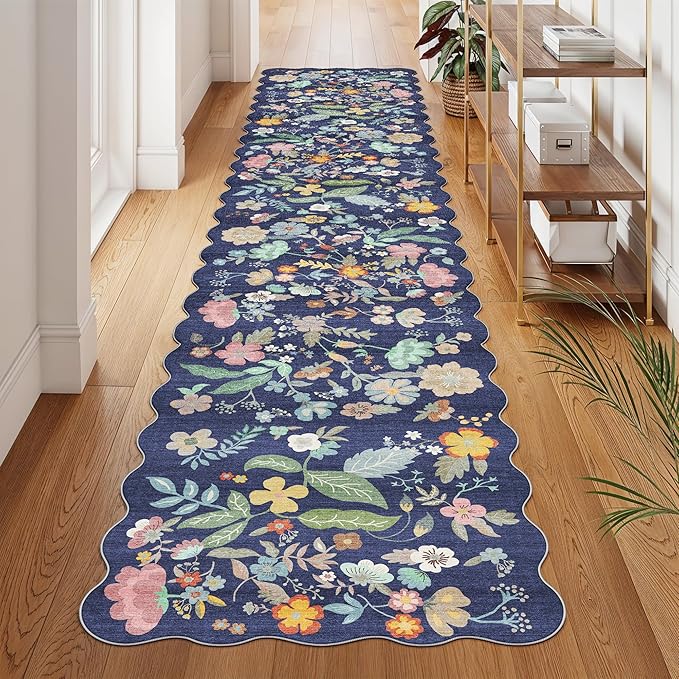 Washable 2'6x12 Hallway Runner Rug: Entryway Non Slip Floral Rug Farmhouse Soft Stain Resistant Carpet for Kitchen Bathroom Bedroom Low Pile Pet Friendly Floor Mat for Living Room(2'6x12/Purple)