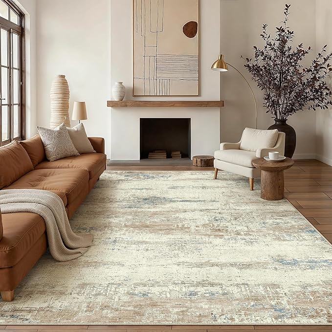 PureCozy 8x10 Area Rug Washable Beige Brown Abstract Living Room Carpet Non Slip Modern Neutral Soft Low Pile Contemporary Aesthetic Bedroom Large Rug Indoor Office Dining Room Playroom