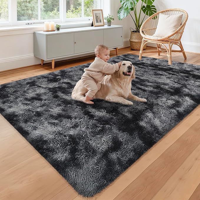 Black Grey Tie-Dyed Rug for Living Room 5x8 Fluffy Area Rug Mat Bedside Throw Rug for Bedroom Kids Room Boys Teens Nursery Baby Dorm Office Home Decor Aesthetic Carpets