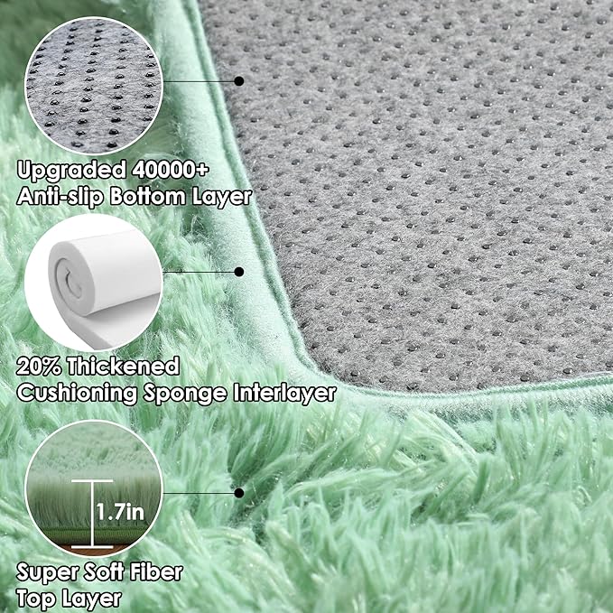 ONASAR Sage Green 3x5 Rugs for Bedroom, Fluffy Bedside Area Rug, Soft Plush Shaggy Small Floor Throw Carpets for Living Room Preppy Dorm Teen Kids Girls Boy Baby Nursery Home Decor Aesthetic