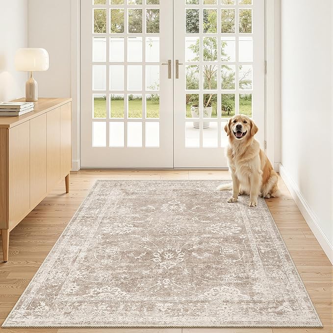 Madane 3x5 Area Rugs for Entryway,Washable Vintage Low Pile Non-Slip Throw Area Rugs, Accent Rug Floral Print Indoor Mat for Bedside Living Room Kitchen Bedroom, Brown/Sand