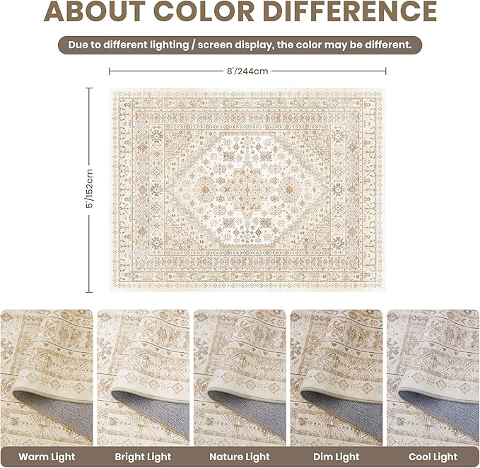 zesthome 5x8 Area Rugs - Ultra-Thin Washble Rug, Stain Resistant Anti Slip Backing Rugs for Living Room,Bedroom, Vintage Home Decor Area Rug(Cream/Beige,5'x8')