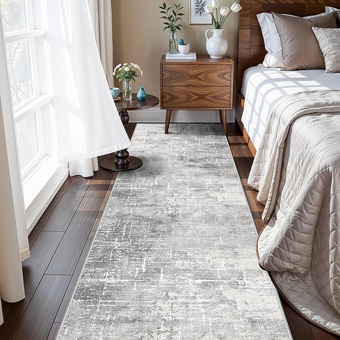 HY HAOYUNLAI Abstract 2x8 Runner: Washable Non-Slip 8ft Hallway Carpet Stain-Resistant Laundry Room Kitchen Area Rug Throw Entryway Foyer Mat Soft Living Room Bedroom Beside Runner Rug(2x8,Light/Grey)